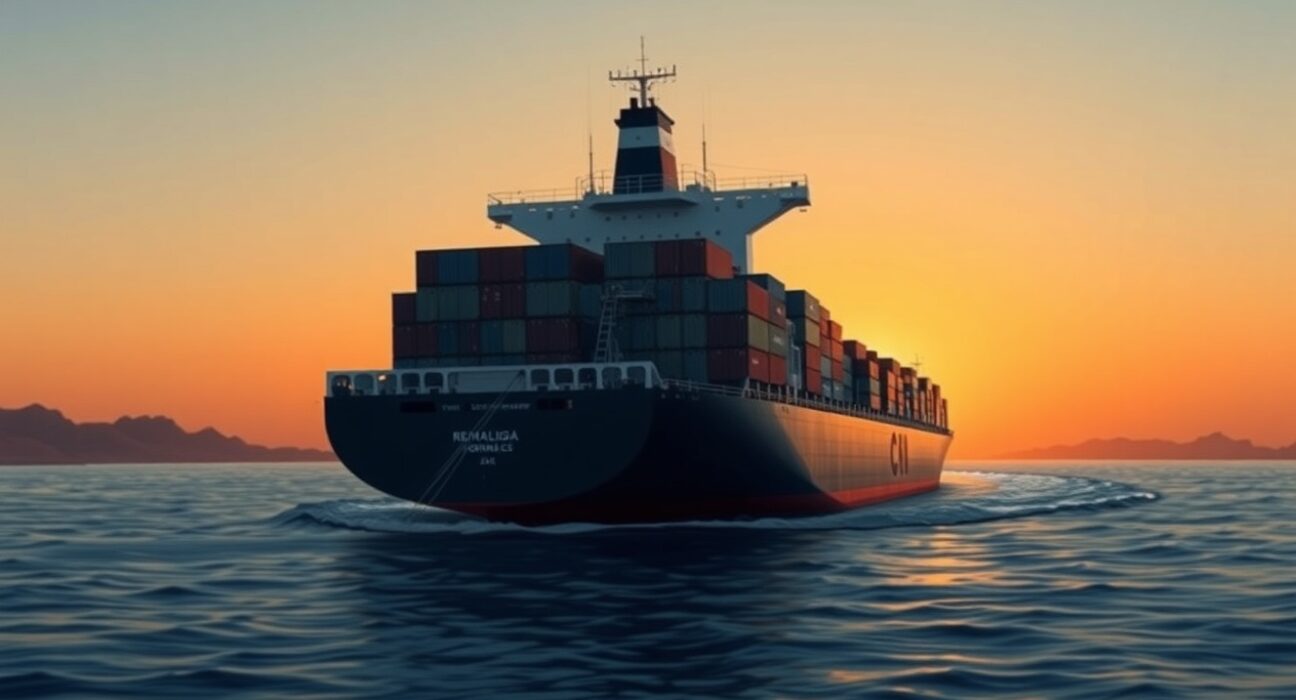 Cargo ship navigating the Strait of Hormuz, representing the geopolitical tension affecting USD/INR currency pair amid fears of prolonged closure.