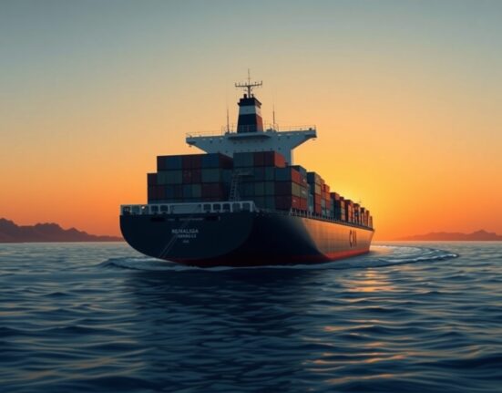 Cargo ship navigating the Strait of Hormuz, representing the geopolitical tension affecting USD/INR currency pair amid fears of prolonged closure.