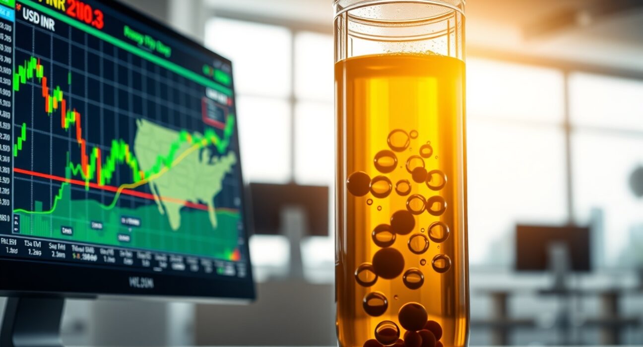 USD/INR exchange rate and crude oil price impacting the Indian Rupee in financial markets.