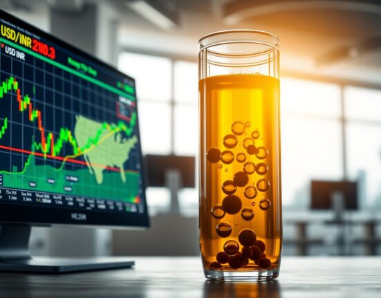 USD/INR exchange rate and crude oil price impacting the Indian Rupee in financial markets.