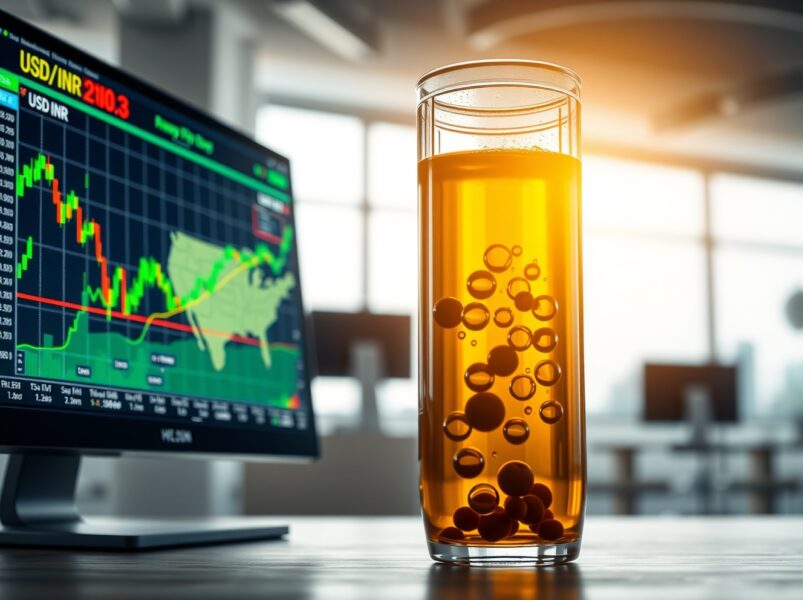 USD/INR exchange rate and crude oil price impacting the Indian Rupee in financial markets.
