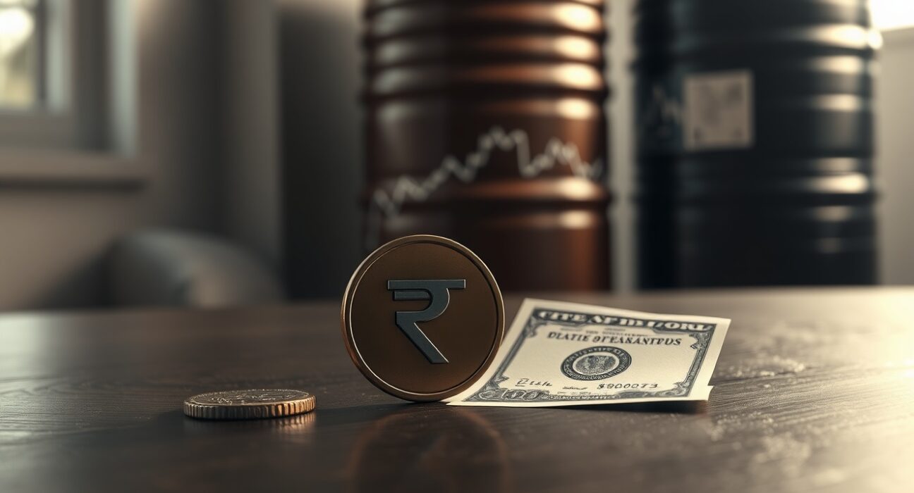 USD/INR exchange rate analysis with oil-linked pressure and RBI oversight, featuring rupee coin and dollar bill
