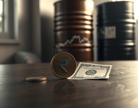 USD/INR exchange rate analysis with oil-linked pressure and RBI oversight, featuring rupee coin and dollar bill