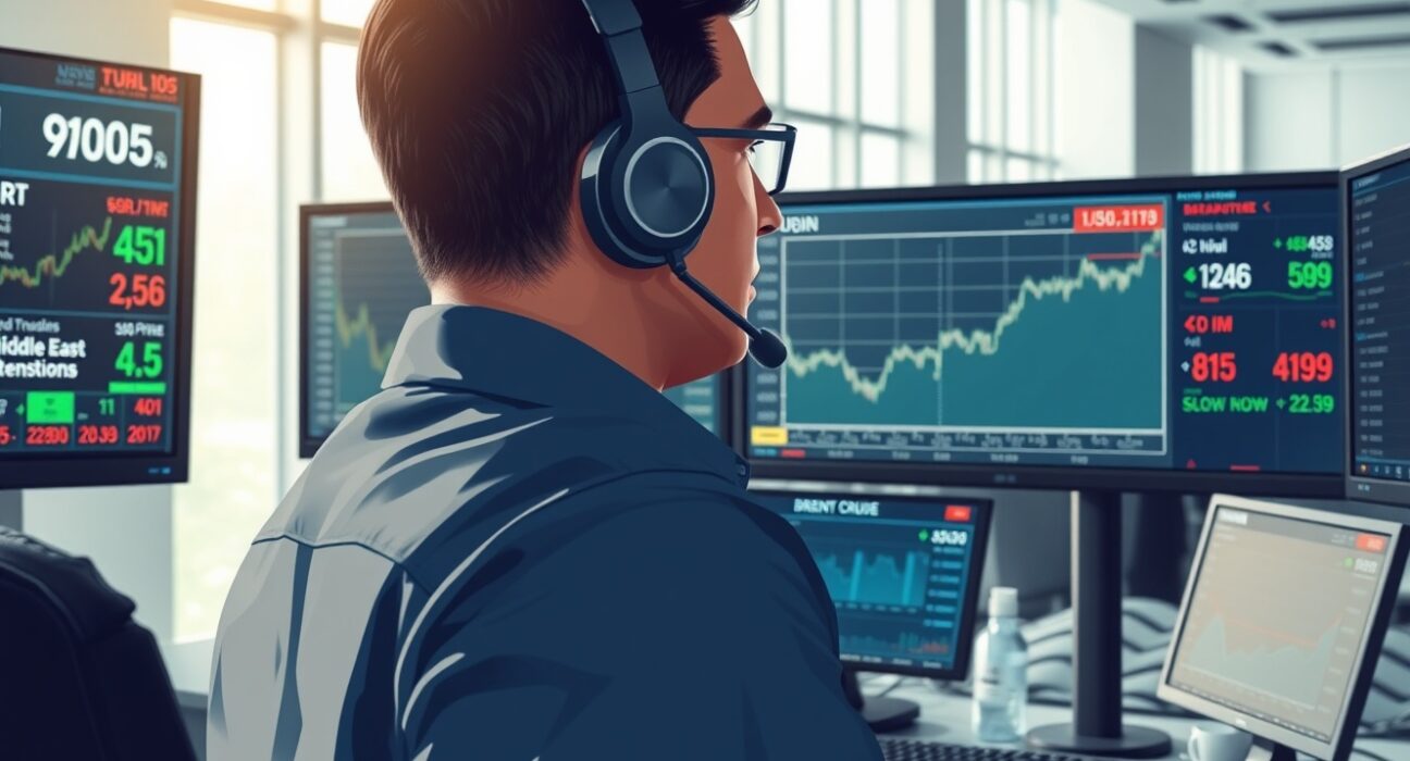 Trader monitors USD/INR exchange rate and oil prices amid Middle East conflict news on financial screens