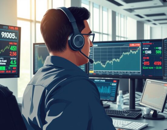 Trader monitors USD/INR exchange rate and oil prices amid Middle East conflict news on financial screens