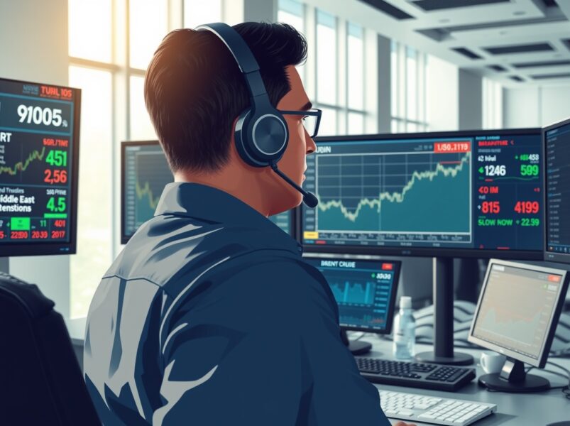 Trader monitors USD/INR exchange rate and oil prices amid Middle East conflict news on financial screens