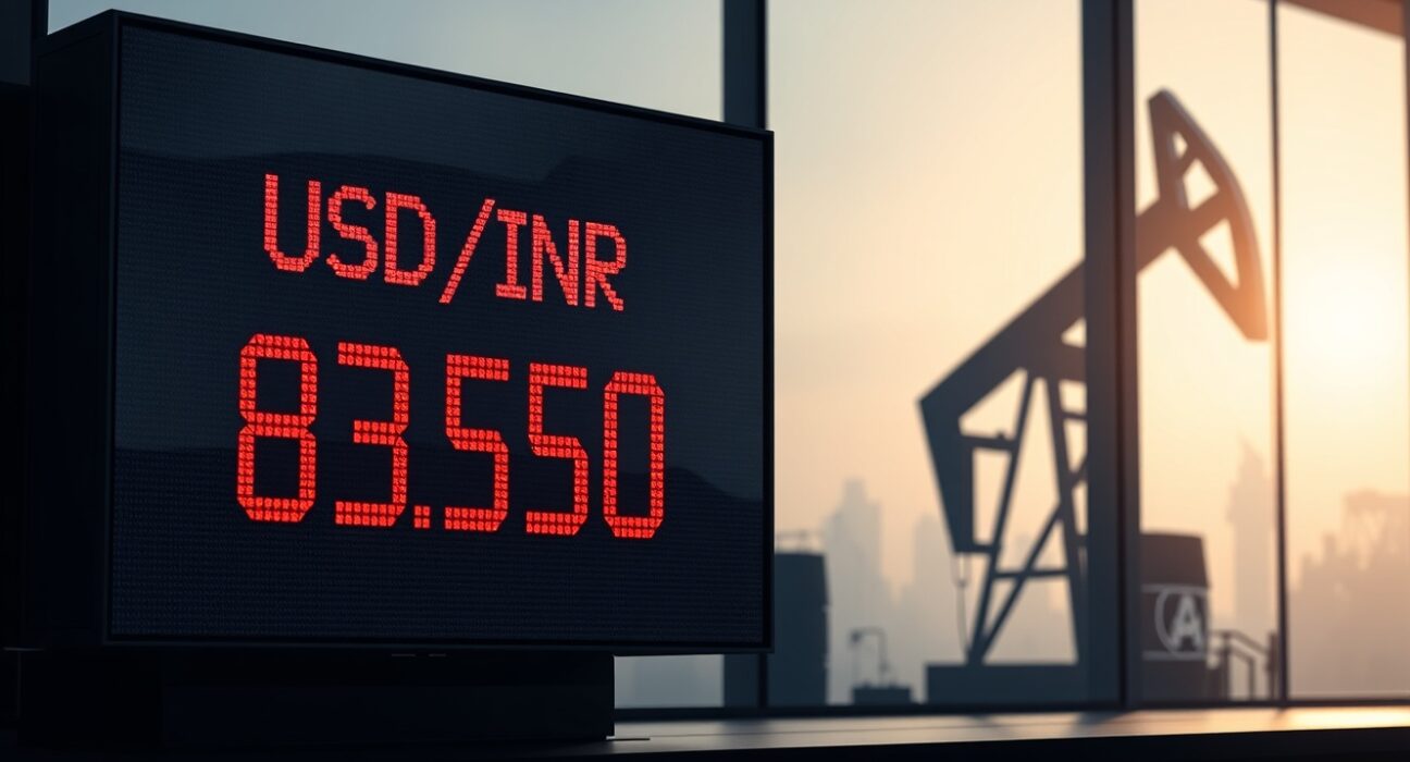 USD/INR exchange rate display on a digital board in Mumbai, reflecting pressure from higher oil prices on the Indian Rupee.