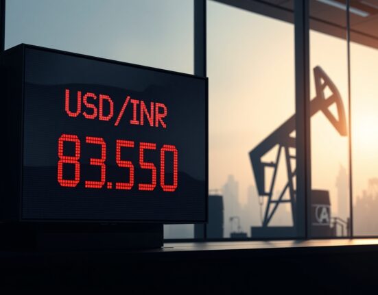 USD/INR exchange rate display on a digital board in Mumbai, reflecting pressure from higher oil prices on the Indian Rupee.