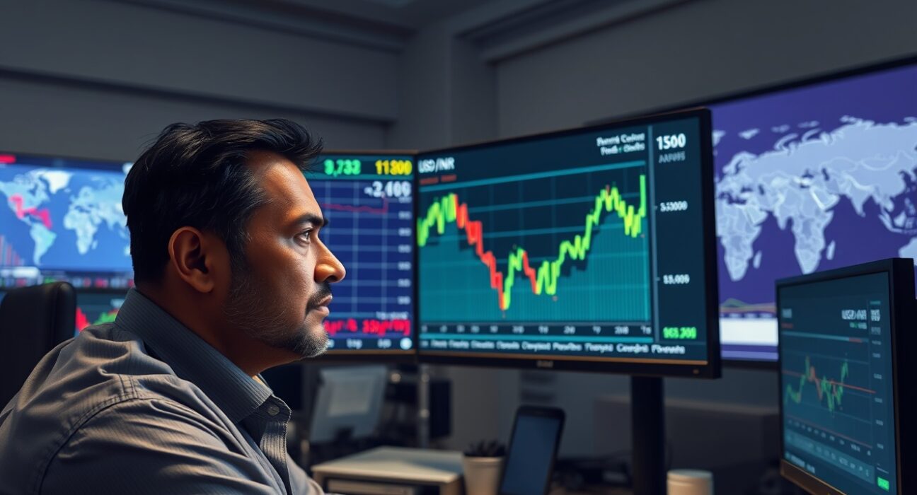 Trader in Mumbai monitors USD/INR forex chart plummeting after Middle East de-escalation news.
