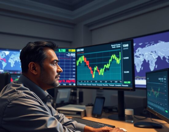 Trader in Mumbai monitors USD/INR forex chart plummeting after Middle East de-escalation news.