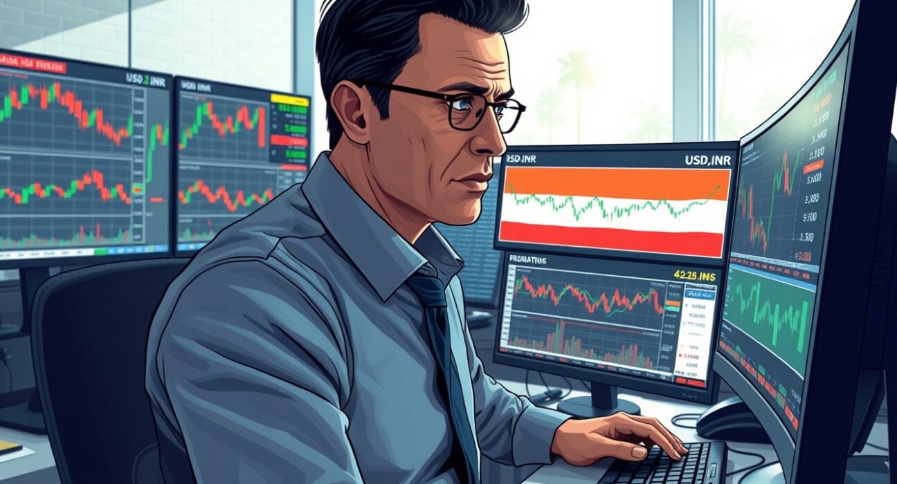 Financial analyst monitoring USD/INR exchange rate charts ahead of Trump Iran deadline impacting currency markets.