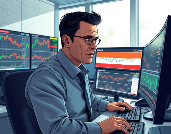 Financial analyst monitoring USD/INR exchange rate charts ahead of Trump Iran deadline impacting currency markets.
