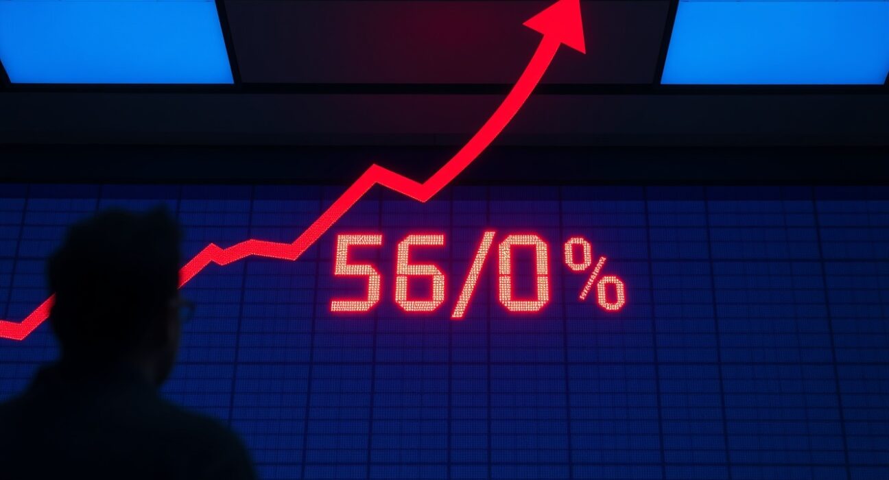 USD/INR exchange rate board showing a rally with red upward arrows in a Mumbai trading floor, representing the currency pair's movement.