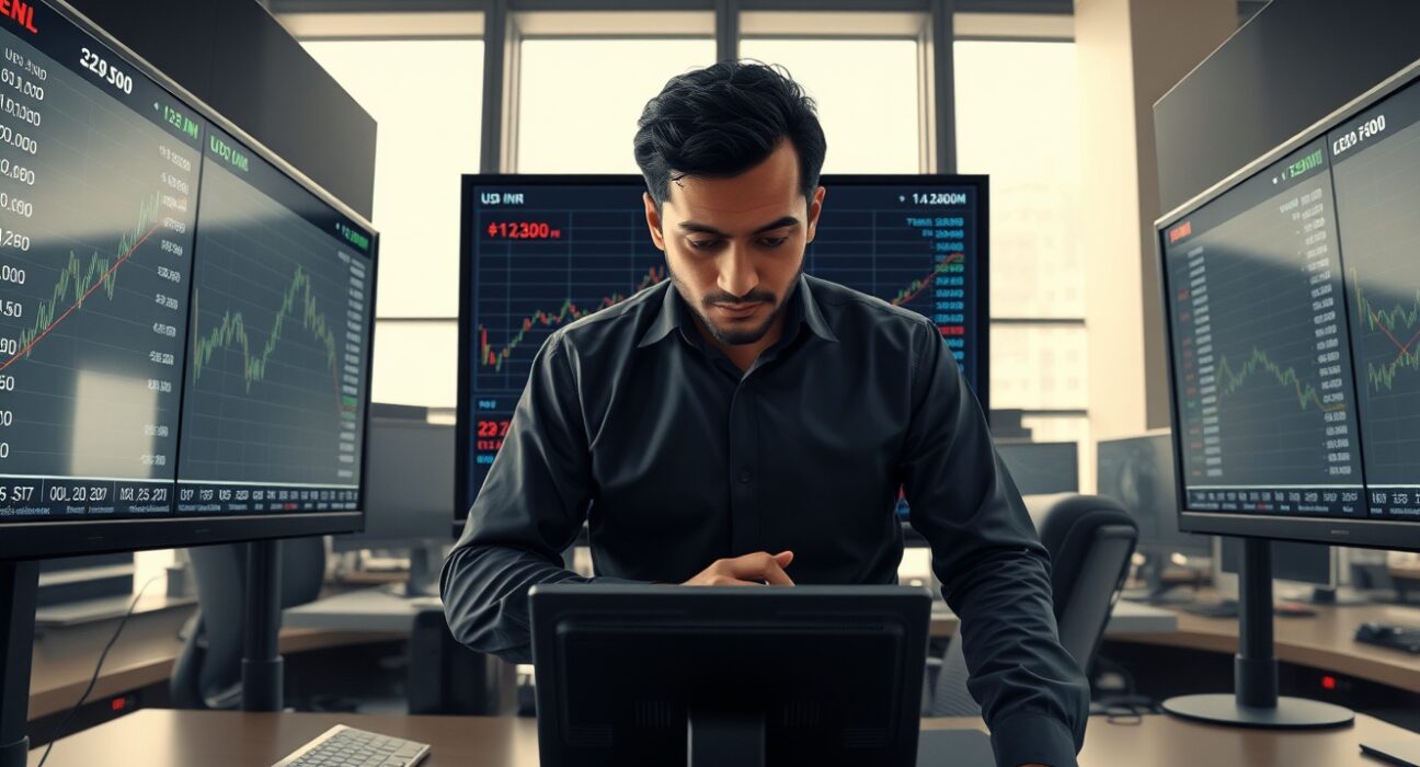 Forex trader analyzing USD/INR currency pair rally on trading desk monitors.