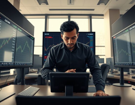 Forex trader analyzing USD/INR currency pair rally on trading desk monitors.