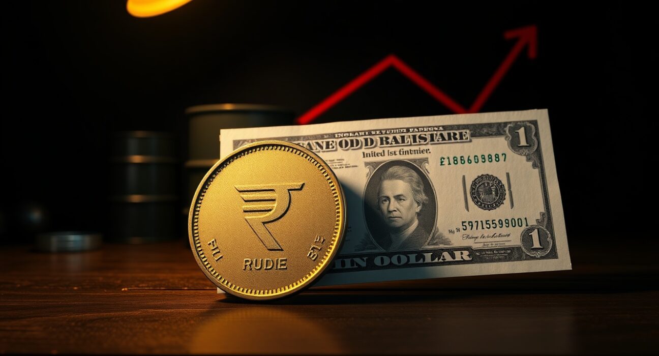 USD/INR rally chart showing rupee depreciation against US dollar amid oil price and FII selling pressure