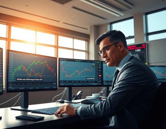 Financial trader analyzing USD/INR exchange rate charts amid Middle East ceasefire developments affecting currency markets
