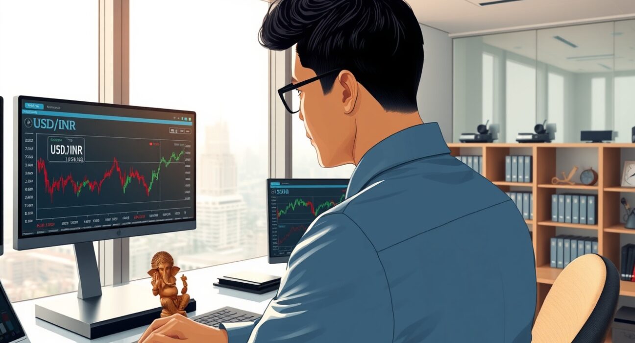 Financial analyst reviewing USD/INR exchange rate and oil price data in Mumbai office setting