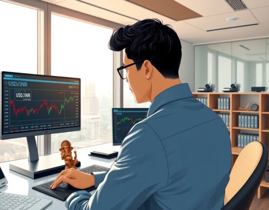 Financial analyst reviewing USD/INR exchange rate and oil price data in Mumbai office setting