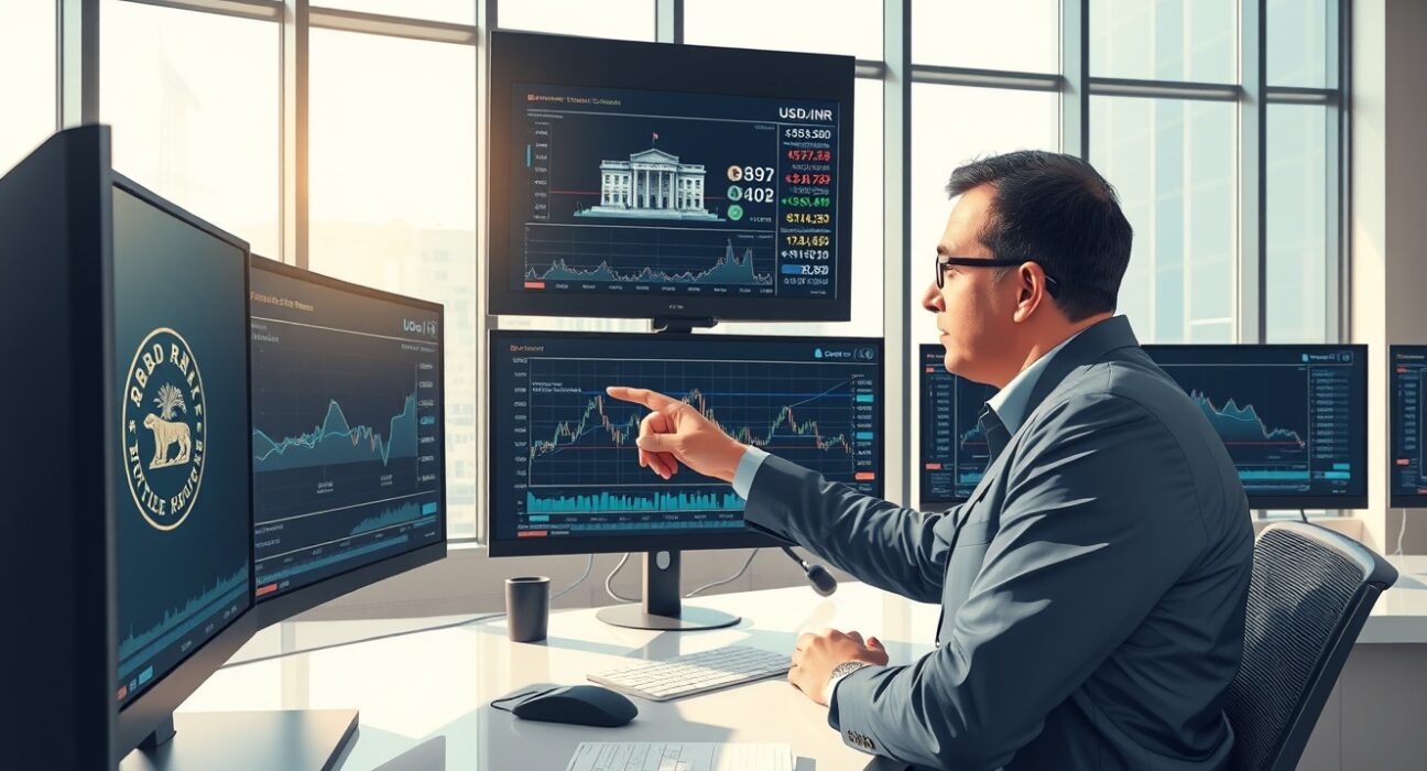 Financial analyst monitoring USD/INR exchange rate charts with RBI intervention data for currency stability analysis