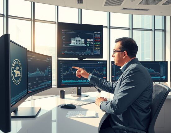 Financial analyst monitoring USD/INR exchange rate charts with RBI intervention data for currency stability analysis