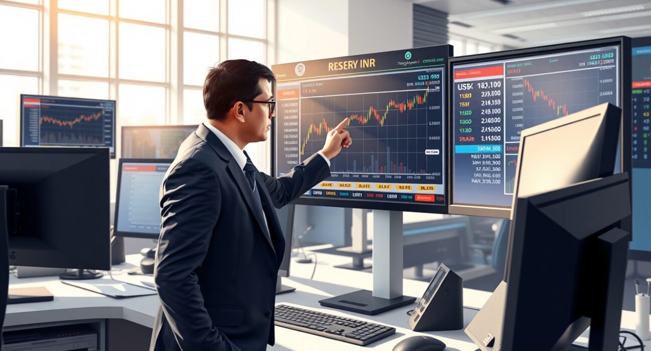 Financial analyst monitoring USD/INR exchange rate charts following RBI intervention on dollar demand from oil refiners.