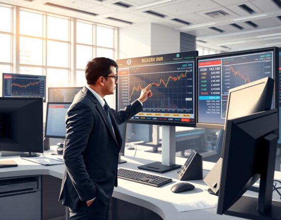 Financial analyst monitoring USD/INR exchange rate charts following RBI intervention on dollar demand from oil refiners.