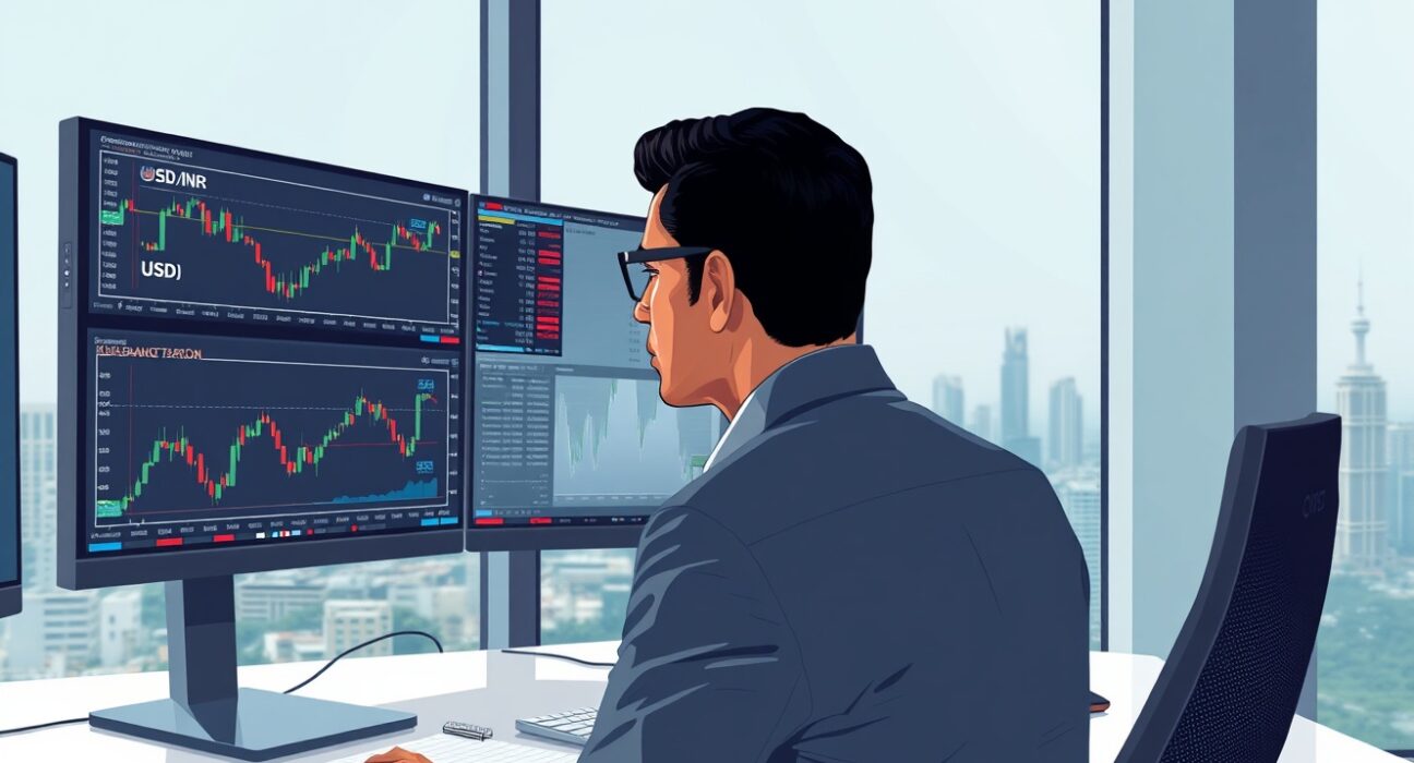 Financial analyst in Mumbai monitoring USD/INR currency charts following RBI intervention to curb speculation.