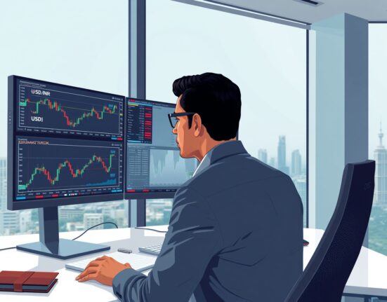 Financial analyst in Mumbai monitoring USD/INR currency charts following RBI intervention to curb speculation.