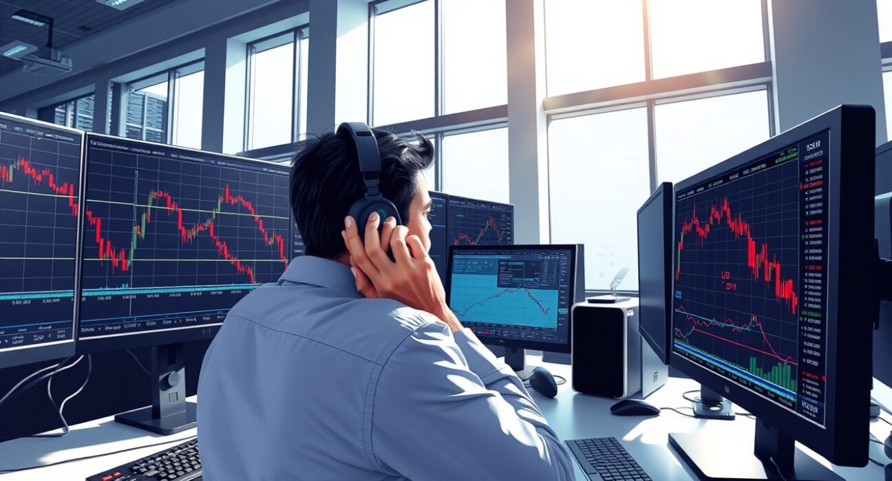 Trader monitoring USD/INR exchange rate during RBI currency market intervention in Mumbai