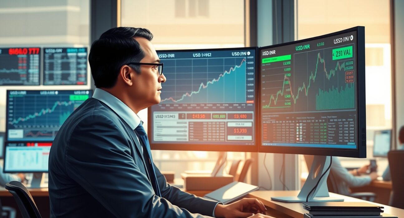 Trader analyzing USD/INR exchange rate surge following RBI policy changes in Mumbai financial district