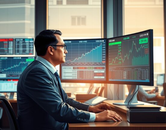 Trader analyzing USD/INR exchange rate surge following RBI policy changes in Mumbai financial district