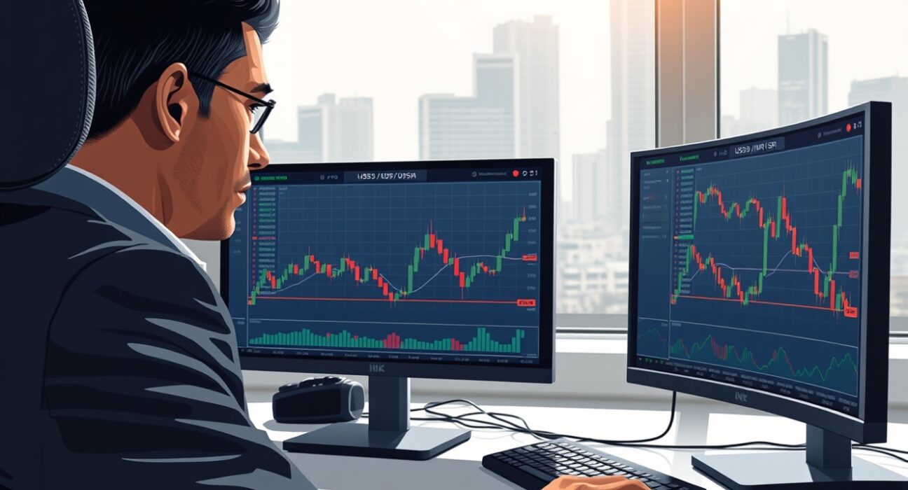 Forex trader analyzing USD/INR exchange rate charts during market volatility in Mumbai