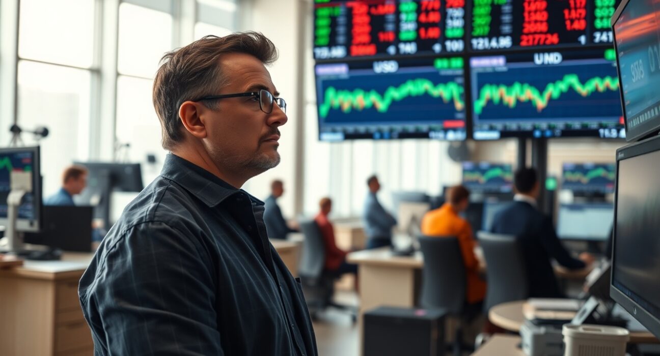 Financial trader monitoring USD/INR exchange rate charts amid geopolitical uncertainty
