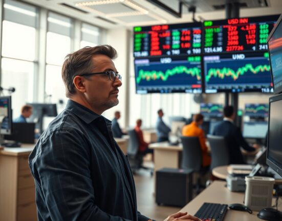 Financial trader monitoring USD/INR exchange rate charts amid geopolitical uncertainty