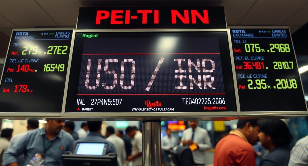 Digital currency exchange board showing USD/INR rate in a Mumbai forex office