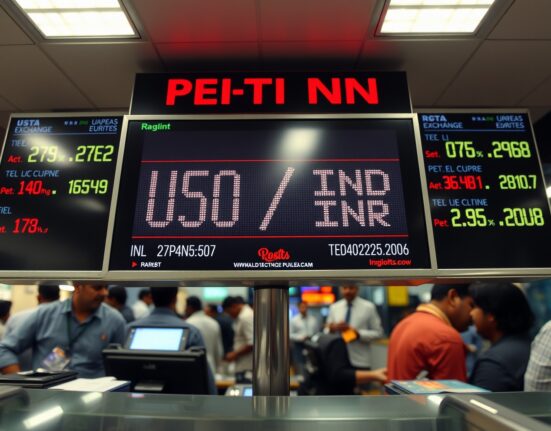 Digital currency exchange board showing USD/INR rate in a Mumbai forex office