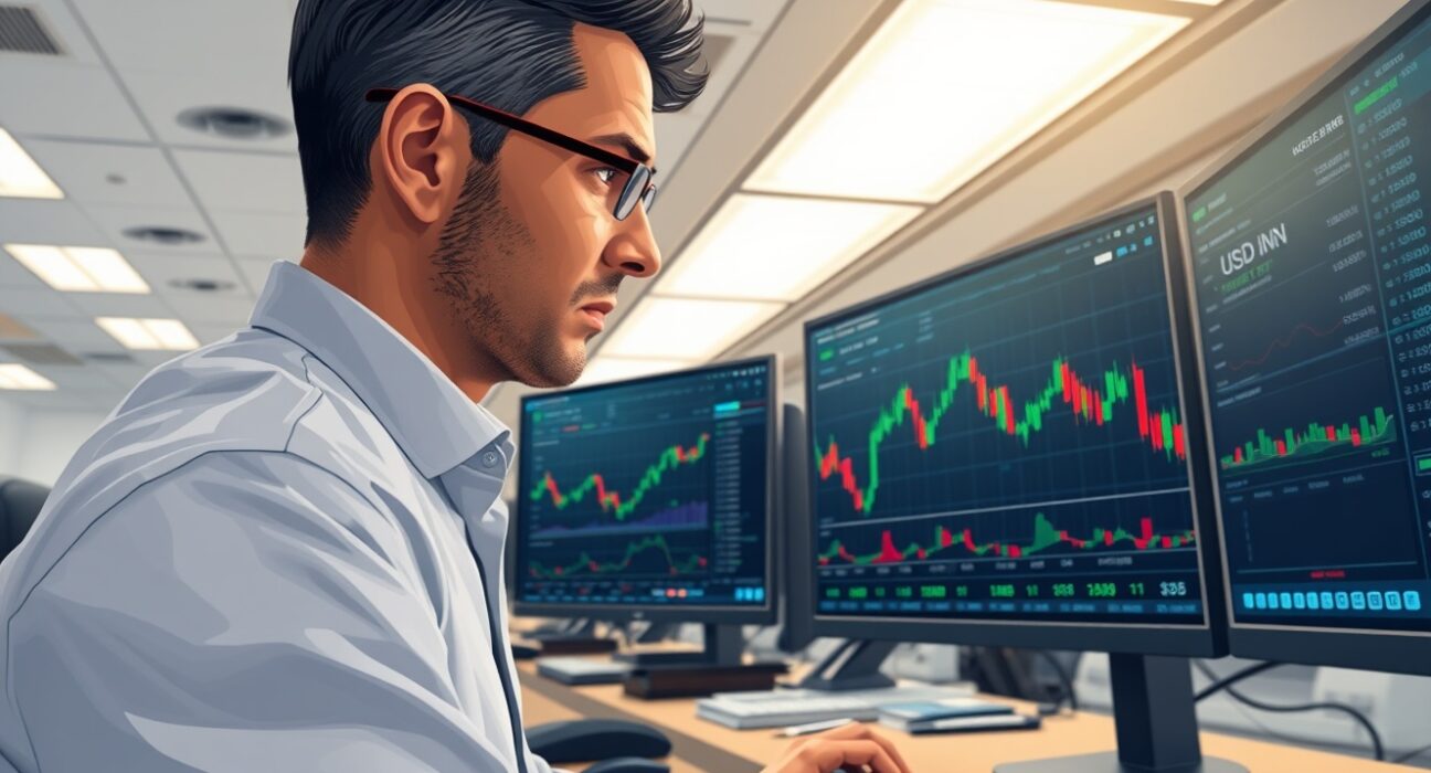 Trader analyzes USD/INR exchange rate surge on financial market screens.