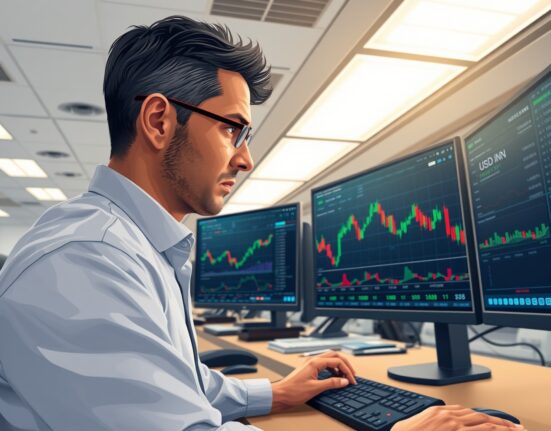 Trader analyzes USD/INR exchange rate surge on financial market screens.