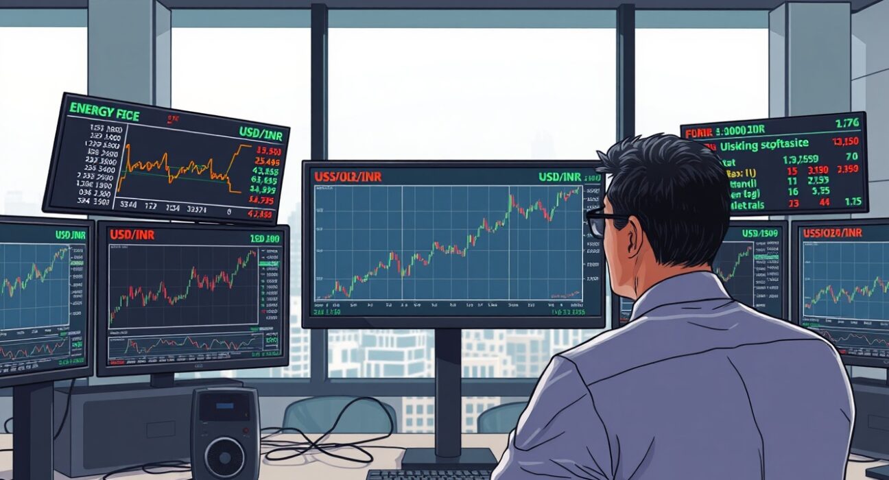 USD/INR exchange rate analysis on trading desk during energy market volatility