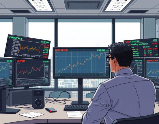 USD/INR exchange rate analysis on trading desk during energy market volatility