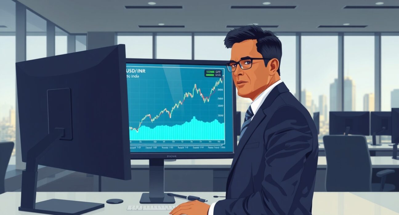 Trader in Mumbai analyzes USD/INR hitting all-time highs amid foreign investor selling.