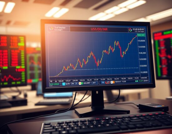 USD/INR exchange rate chart hitting record highs during Iran conflict with trading desk background