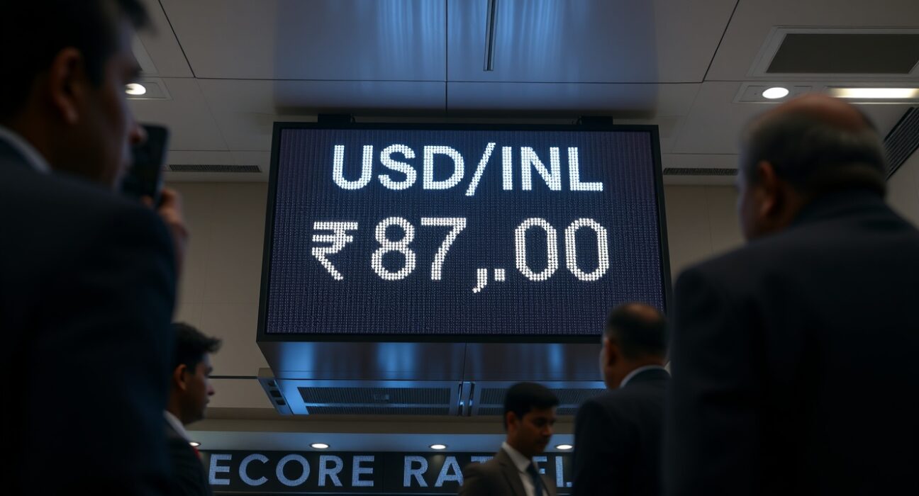 Digital display showing USD/INR exchange rate at a record high of 87.00 at a Mumbai financial exchange, reflecting the impact of Fed's hawkish hold and rising oil prices.
