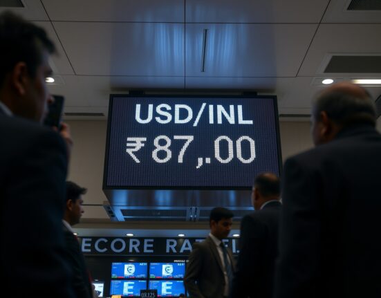 Digital display showing USD/INR exchange rate at a record high of 87.00 at a Mumbai financial exchange, reflecting the impact of Fed's hawkish hold and rising oil prices.