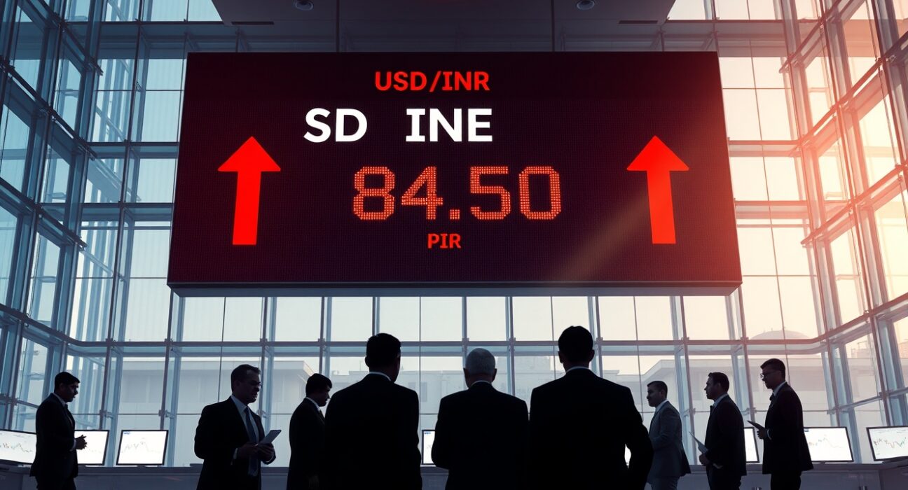 USD/INR record high displayed on a digital board in a Mumbai trading floor, reflecting oil price spike and Fed hawkish hold impact.