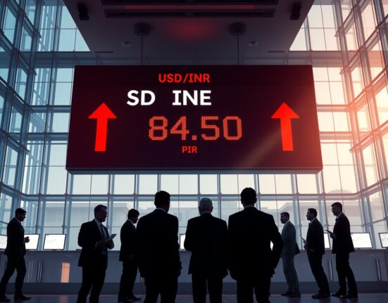 USD/INR record high displayed on a digital board in a Mumbai trading floor, reflecting oil price spike and Fed hawkish hold impact.