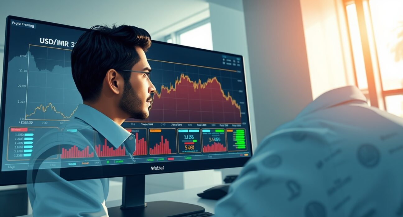 Trader in Mumbai monitors USD/INR exchange rate hitting all-time high near 94 amid foreign outflows.