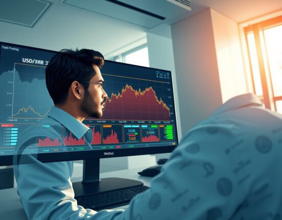 Trader in Mumbai monitors USD/INR exchange rate hitting all-time high near 94 amid foreign outflows.