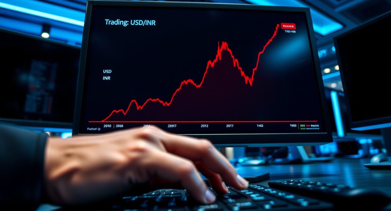 Chart showing the USD/INR exchange rate hitting a record high amid rupee depreciation.
